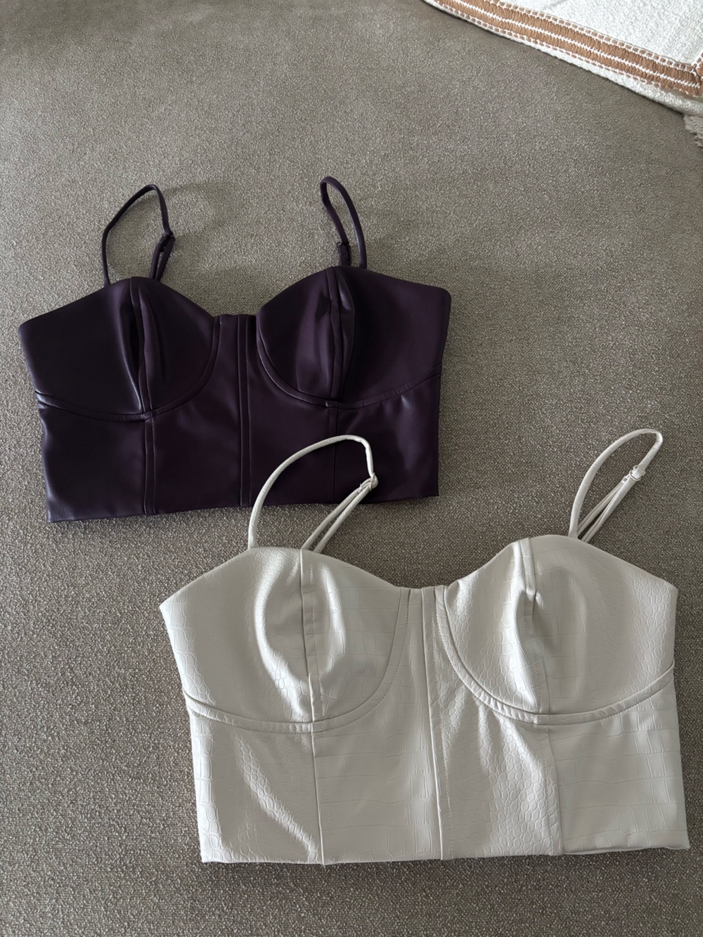 Express Leather Bustier Crop Tops in Deep Plum and Croc Cream